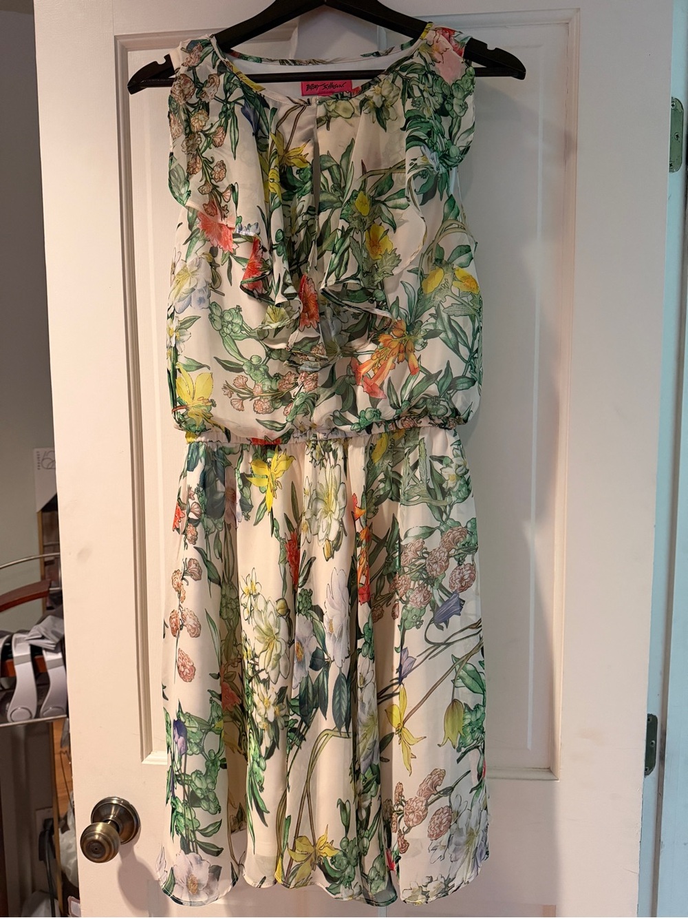 Betsey Johnson Floral Ruffle Midi Dress with Green, Orange  and Yellow Accents